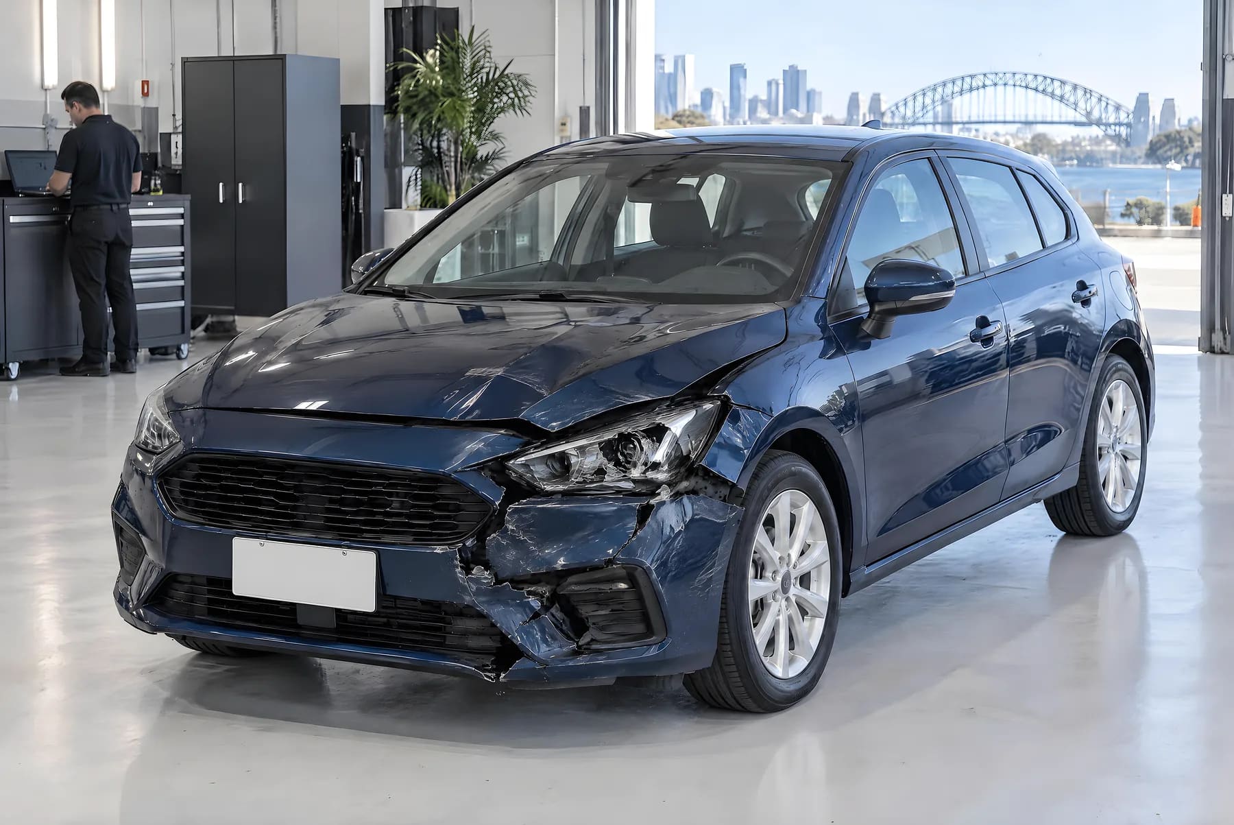 A dark blue hatchback with a cracked front bumper, a buckled bonnet and a shattered headlight before repair