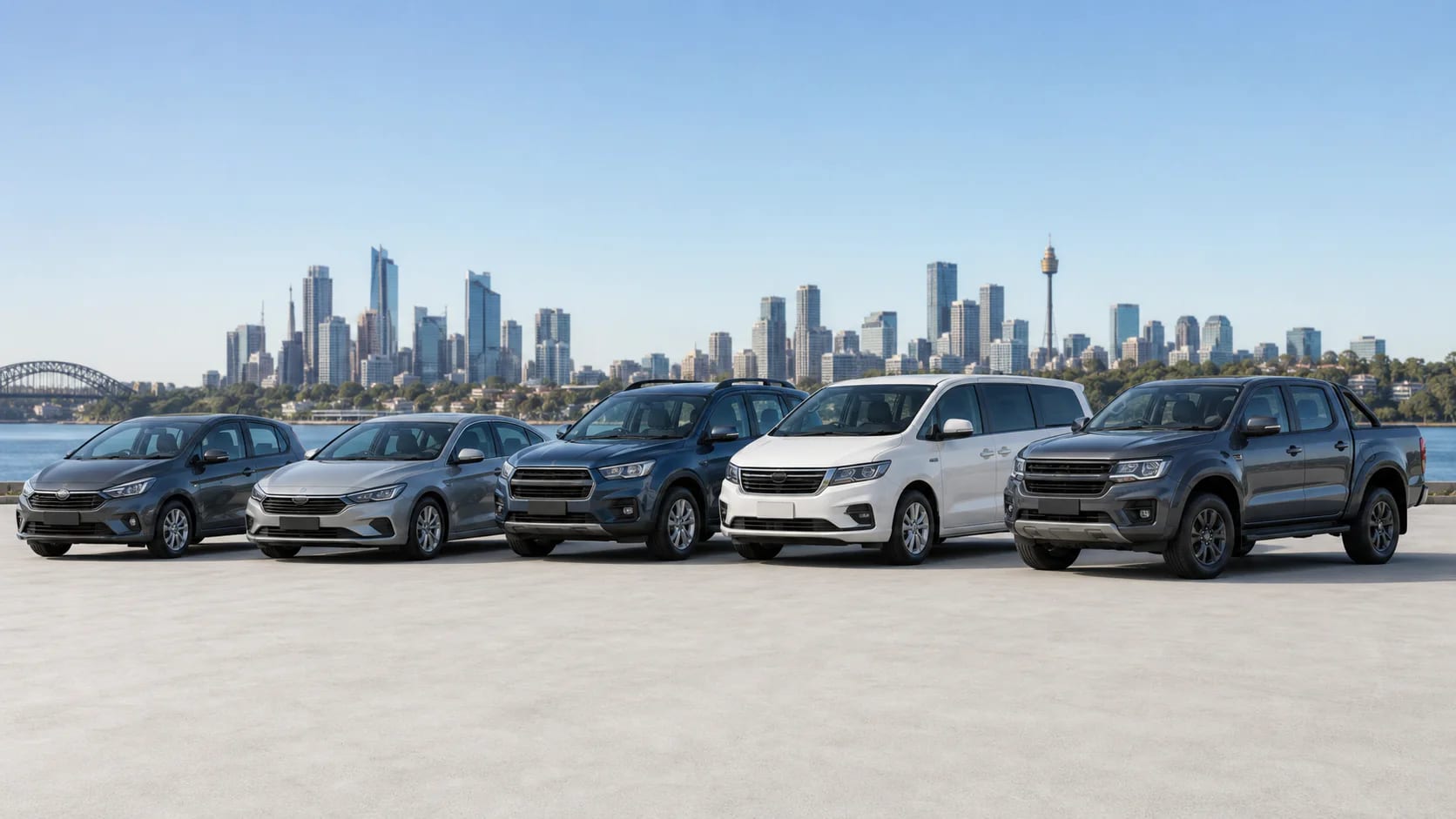 A representative lineup of hatchback, sedan, SUV, people mover and ute vehicle categories