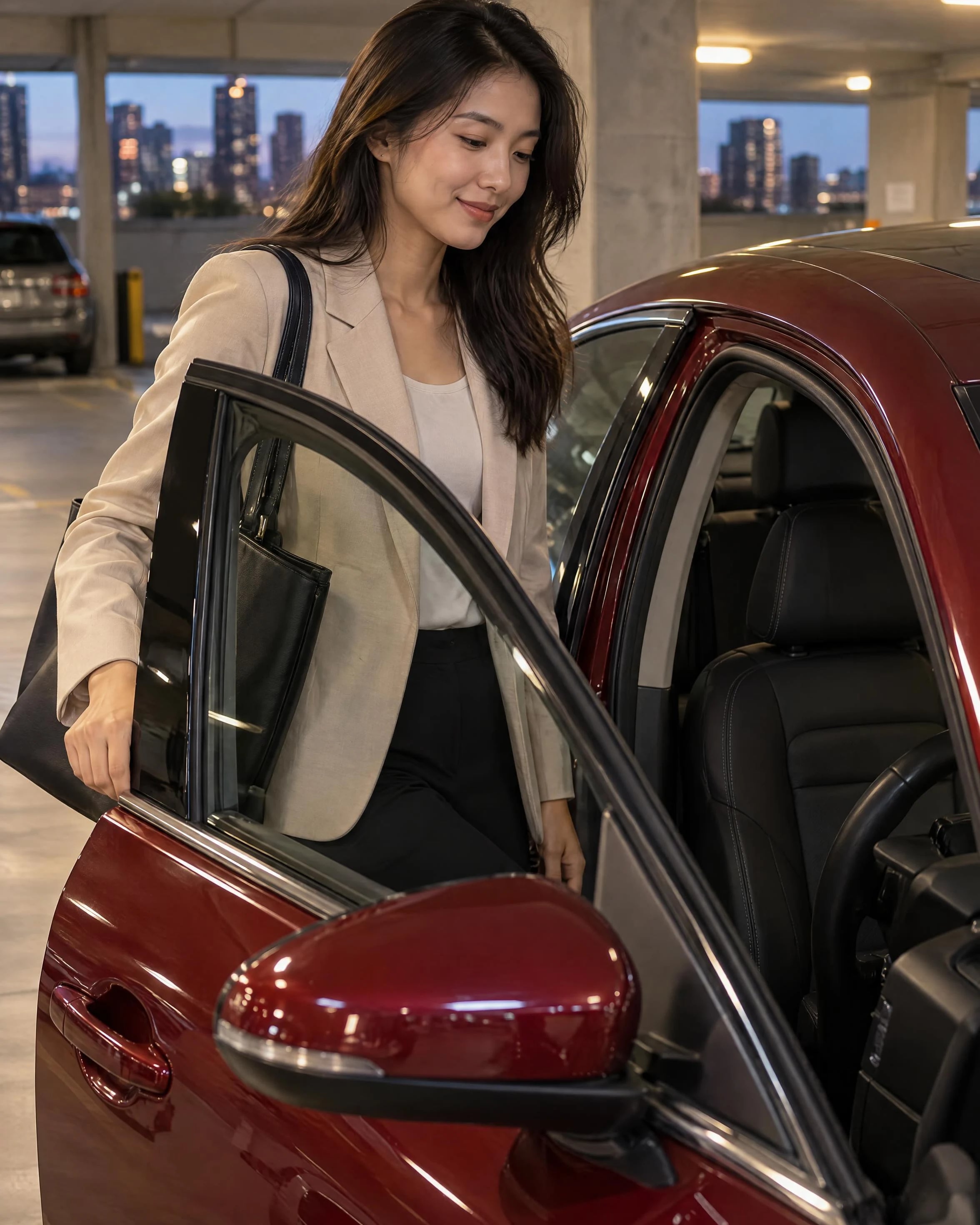 A driver opens a deep-red replacement sedan in a covered Sydney garage