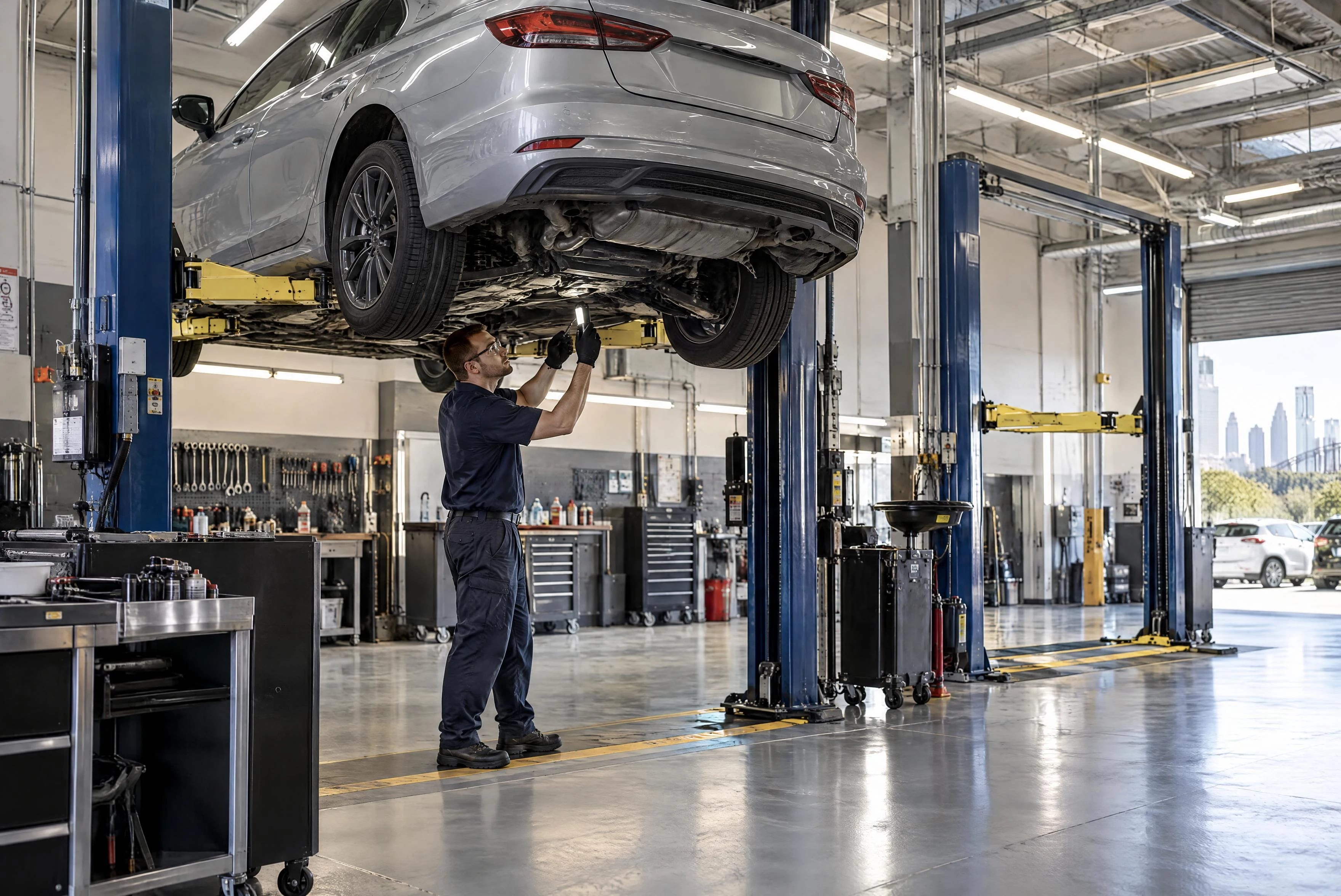 A technician inspects the underside of a silver sedan raised on a hydraulic lift in a bright modern Sydney workshop