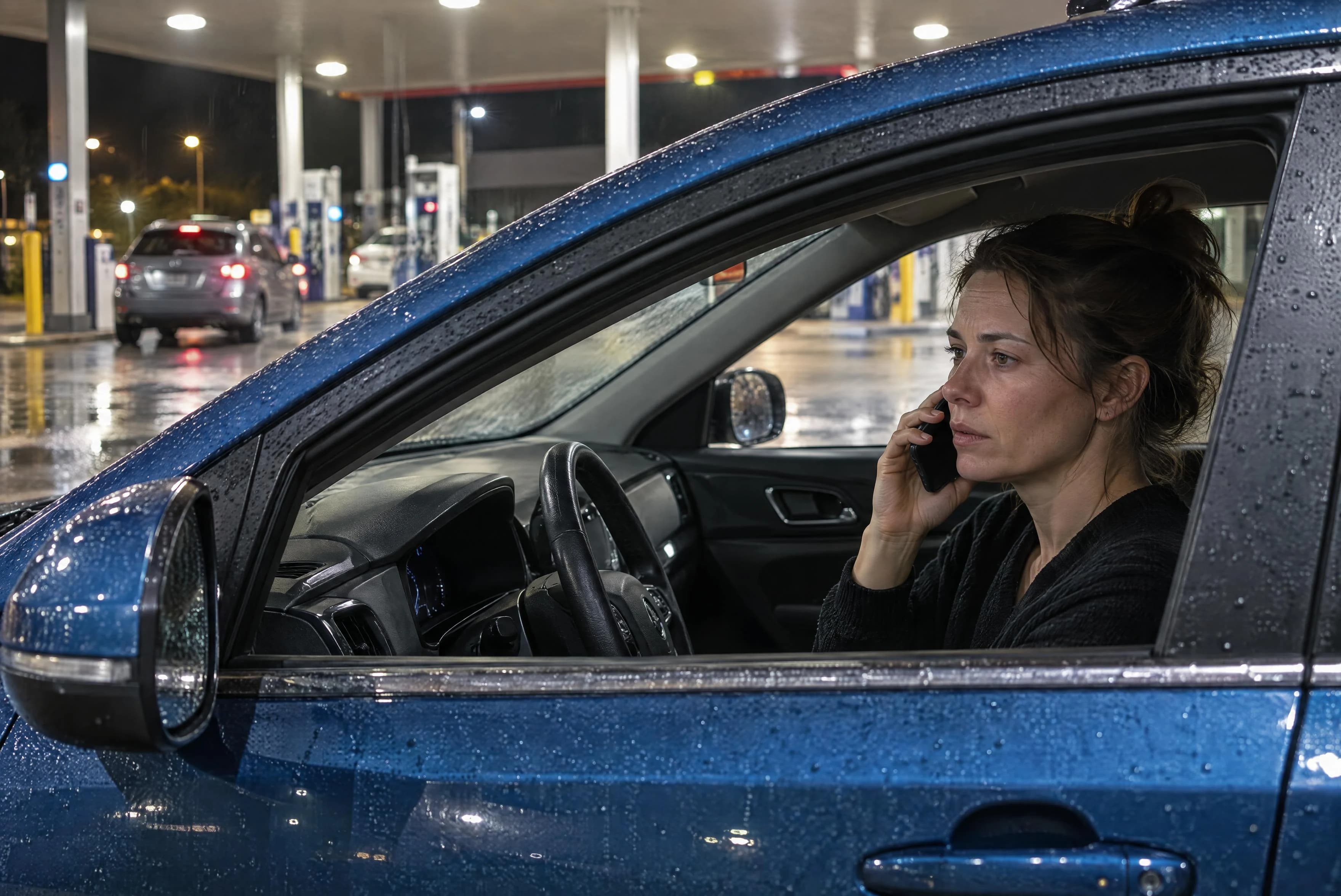 A driver speaks on a phone from the seat of a blue crossover stopped safely at a lit Sydney petrol station after a minor collision