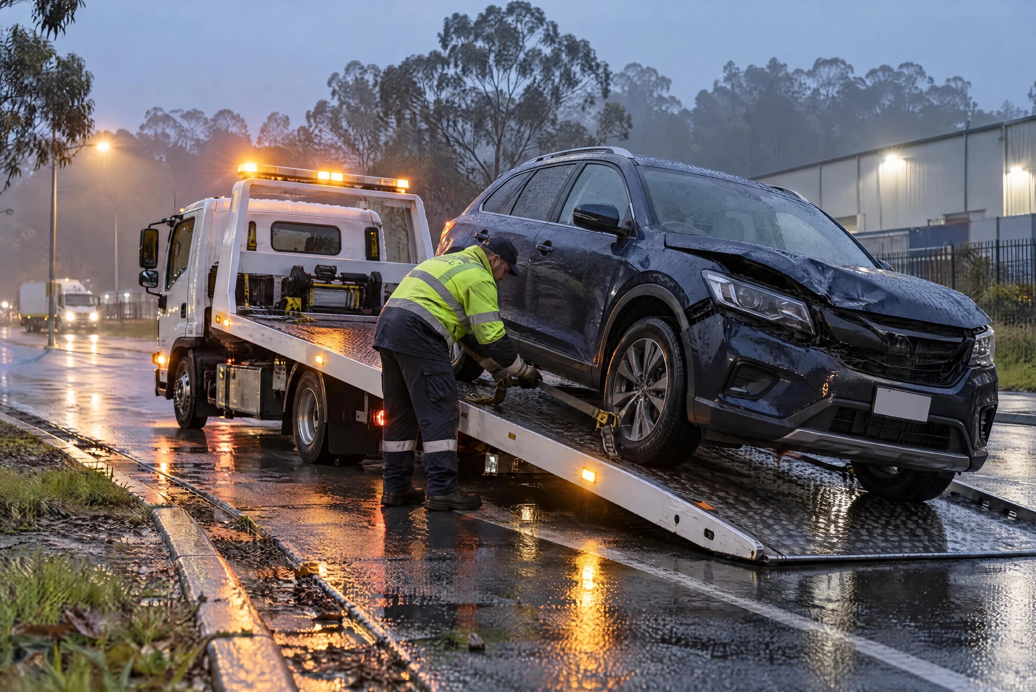 A tow operator secures a damaged dark-blue crossover onto a flatbed truck on a rainy Sydney industrial road at dawn
